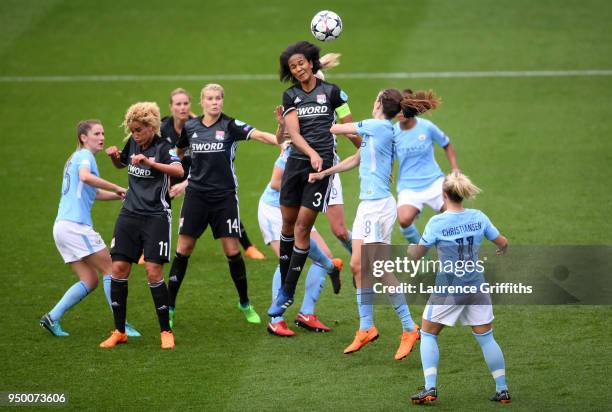 Wendie Renard of Olympique Lyonnias rises for a corner ball during the UEFA Women's Champions League Semi Final First Leg match between Manchester...