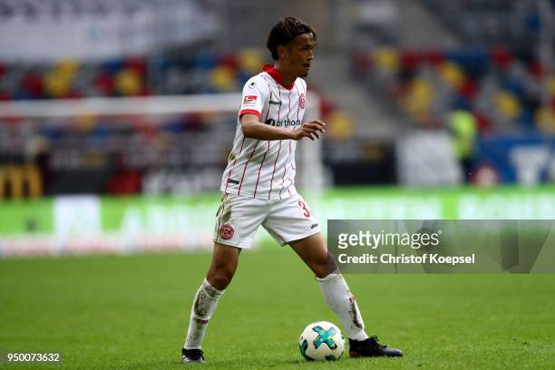 Takashi Usami of Duesseldorf runs with the ball during the Second Bundesliga match between Fortuna Duesseldorf and FC Ingolstadt 04 at Esprit-Arena...