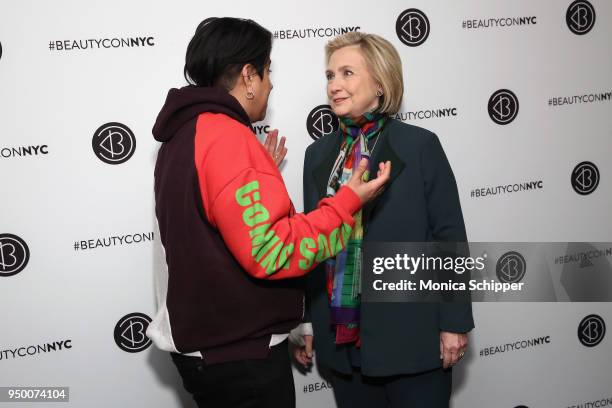 Beautycon Founder Moj Mahdara and Hillary Clinton attend Beautycon Festival NYC 2018 - Day 2 at Jacob Javits Center on April 22, 2018 in New York...