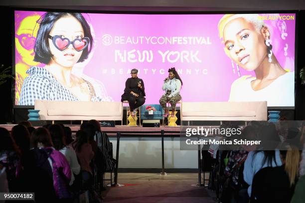 Moderator Ty Alexander and actor Danielle Brooks speak on a panel during Beautycon Festival NYC 2018 - Day 2 at Jacob Javits Center on April 22, 2018...