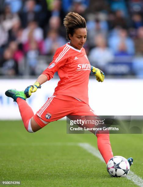 Sarah Bouhaddi of Olympique Lyonnais takes a goal kick during the UEFA Women's Champions League Semi Final First Leg match between Manchester City...