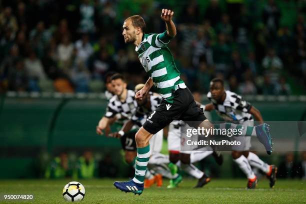 Sporting's forward Bas Dost shoots a penalty kick to score his side's goal during Primeira Liga 2017/18 match between Sporting CP vs Boavista FC, in...