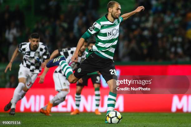 Sporting's Dutch forward Bas Dost shoots to goal during the Portuguese League football match between Sporting CP and Boavista FC at Alvalade Stadium...