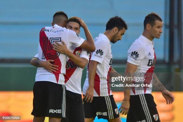 Exequiel Palacios of River Plate celebrates with teammates after scoring the first goal of his team during a match between Arsenal and River Plate as...