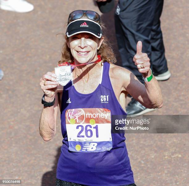 Katherine Switzer at the finish line during the Virgin Money London Marathon in London, England on April 22, 2018.