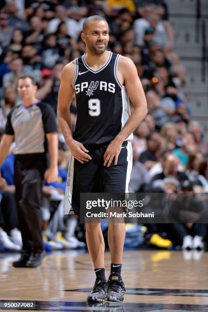 Tony Parker of the San Antonio Spurs looks on in Game Four of the Western Conference Quarterfinals against the Golden State Warriors during the 2018...