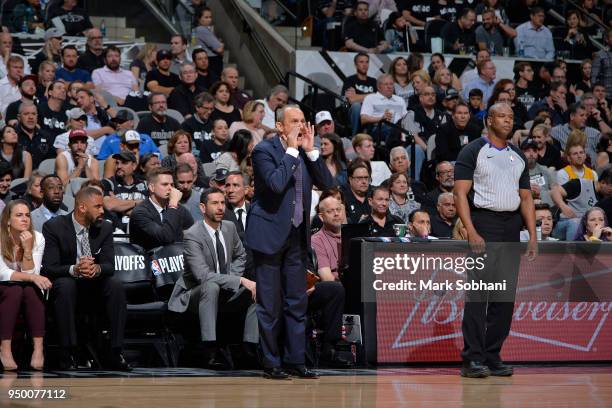 Assistant Coach Ettore Messina of the San Antonio Spurs coaches against the Golden State Warriors during Game Three of the Western Conference...