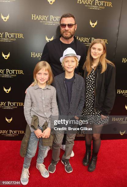 Liev Schreiber, sons Samuel Schreiber and Alexander Schreiber and a friend pose at "Harry Potter and The Cursed Child parts 1 & 2" on Broadway...