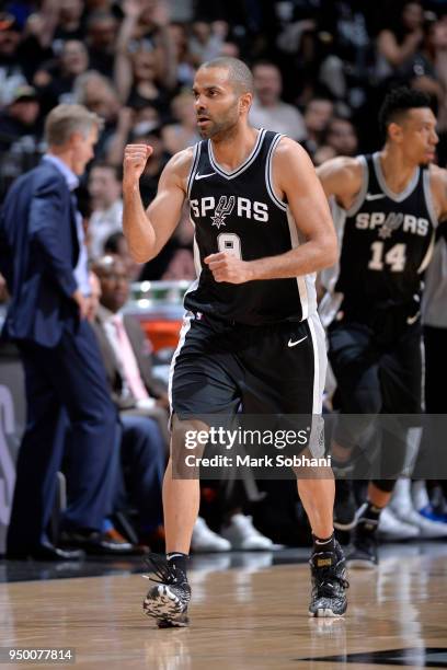 Tony Parker of the San Antonio Spurs reacts to a play in Game Four of the Western Conference Quarterfinals against the Golden State Warriors during...