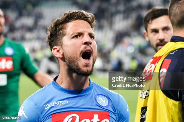 Napoli forward Dries Mertens celebrates victory after the Serie A football match n.34 JUVENTUS - NAPOLI on at the Allianz Stadium in Turin, Italy.