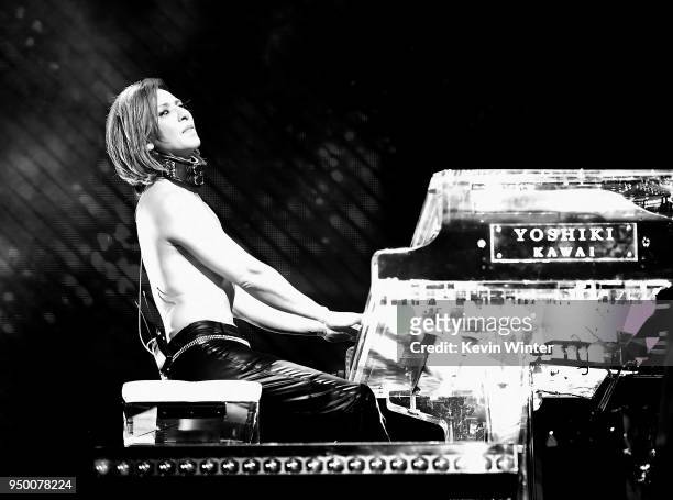 Yoshiki of X Japan performs onstage during the 2018 Coachella Valley Music And Arts Festival at the Empire Polo Field on April 21, 2018 in Indio,...