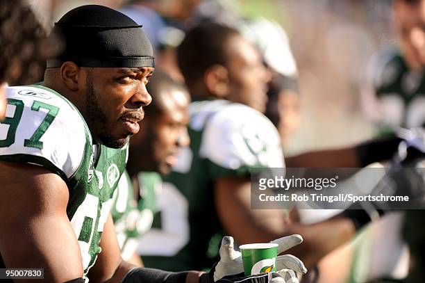 Calvin Pace of the New York Jets looks on against the Carolina Panthers at Giants Stadium on November 29, 2009 in East Rutherford, New Jersey. The...