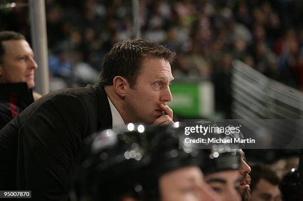 Head Coach Joe Sacco of the Colorado Avalanche watches the action from the bench against the Columbus Blue Jackets at the Pepsi Center on December...