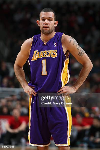 Jordan Farmar of the Los Angeles Lakers takes a break from the action during the game against the Chicago Bulls at the United Center on December 15,...