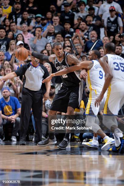 LaMarcus Aldridge of the San Antonio Spurs handles the ball against the Golden State Warriors in Game Four of the Western Conference Quarterfinals...