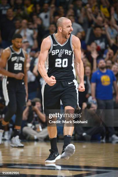 Manu Ginobili of the San Antonio Spurs reacts to a play in Game Four of the Western Conference Quarterfinals against the Golden State Warriors during...