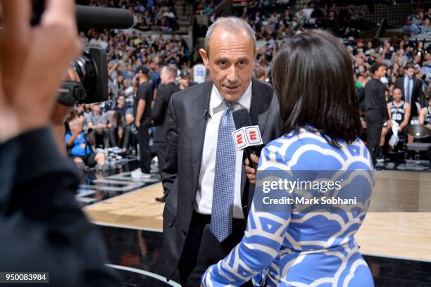 Assistant Coach Ettore Messina of the San Antonio Spurs speaks to the media after Game Four of the Western Conference Quarterfinals against the...