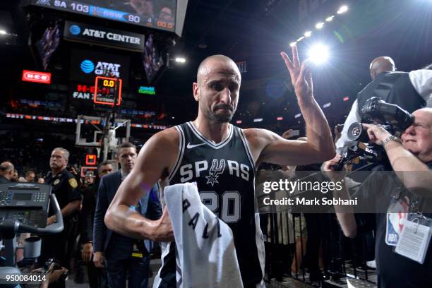 Manu Ginobili of the San Antonio Spurs after Game Four of the Western Conference Quarterfinals against the Golden State Warriors during the 2018 NBA...