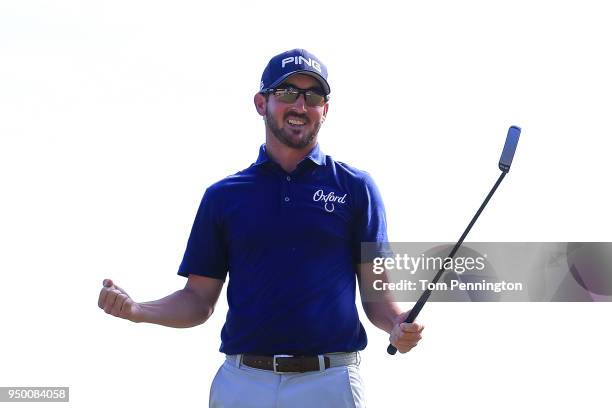 Andrew Landry celebrates on the 18th hole after winning the Valero Texas Open at TPC San Antonio AT&T Oaks Course on April 22, 2018 in San Antonio,...