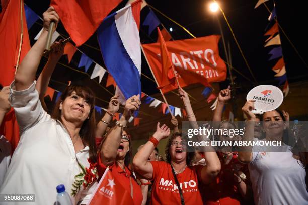 Supporters of Paraguay's presidential candidate of the Colorado Party, Mario Abdo Benitez, cheers for their candidate at Partido Colorado...