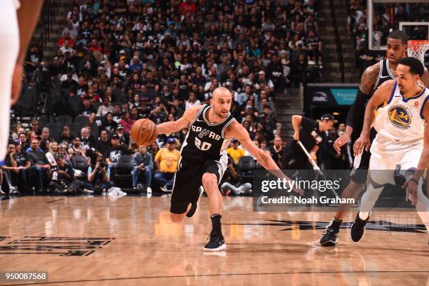 Manu Ginobili of the San Antonio Spurs handles the ball against the Golden State Warriors in Game Four of Round One of the 2018 NBA Playoffs on April...
