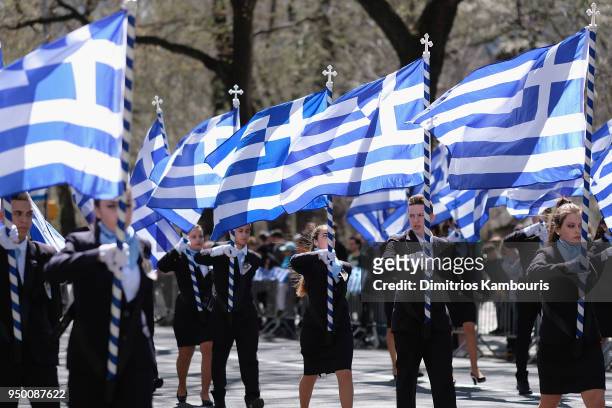 Parade participants attend The 2018 Greek Independence Day Parade on April 22, 2018 in New York City.