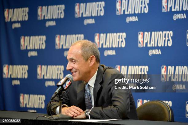 Assistant Coach Ettore Messina of the San Antonio Spurs speaks to the media after Game Four of the Western Conference Quarterfinals against the...