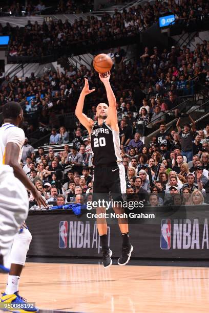 Manu Ginobili of the San Antonio Spurs shoots the ball against the Golden State Warriors in Game Four of Round One of the 2018 NBA Playoffs on April...