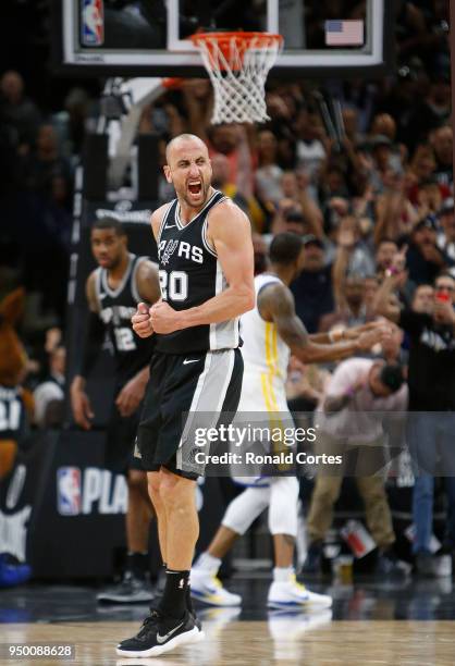 Manu Ginobili of the San Antonio Spurs reacts after hitting a three point shot late in fourth quarter against the Golden State Warriors in Game Four...