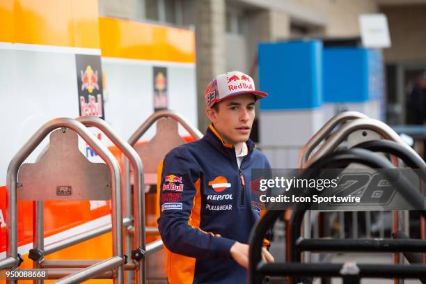 Repsol Honda Team Marc Marquez looks on during the MotoGP Red Bull U.S. Grand Prix of The Americas - Qualifying at Circuit of The Americas on April...