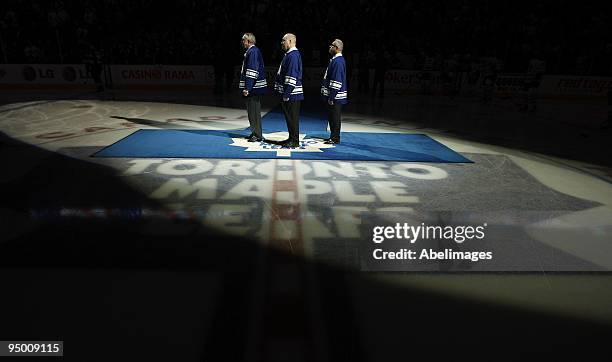 The Toronto Maple Leafs honour 1960's NHL legends Bob Nevin, Red Kelly and Mike Walton before the game against the Boston Bruins on December 19, 2009...