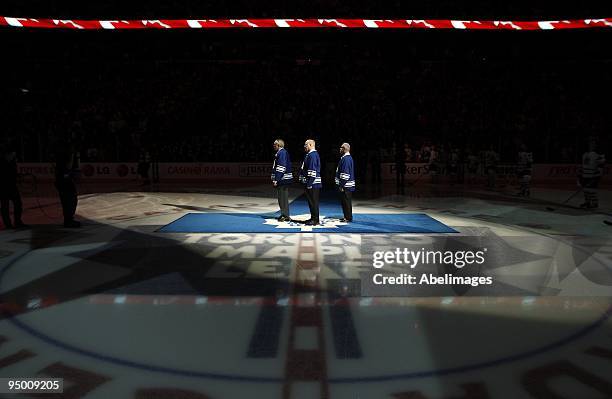 The Toronto Maple Leafs honour 1960's NHL legends Bob Nevin, Red Kelly and Mike Walton before the game against the Boston Bruins on December 19, 2009...