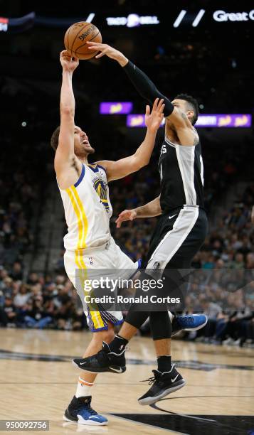 Danny Green of the San Antonio Spurs blocks a shot attempt of Klay Thompson of the Golden State Warriors in the second half of Game Four of Round One...