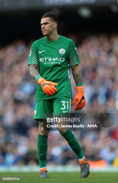 Ederson Moraes of Manchester City during the Premier League match between Manchester City and Swansea City at Etihad Stadium on April 22, 2018 in...