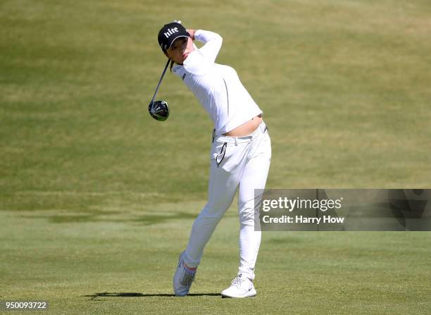 Jin Young Ko of South Korea hits a tee shot on the sixth hole during round four of the Hugel-JTBC Championship at the Wilshire Country Club on April...