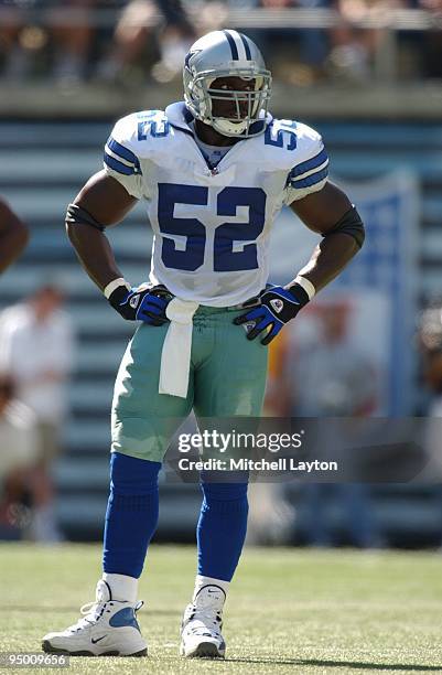 Kevin Hardy of the Dallas Cowboys looks on during a NFL football game against the Philadelphia Eagles on September 22, 2002 at Veterans Stadium in...