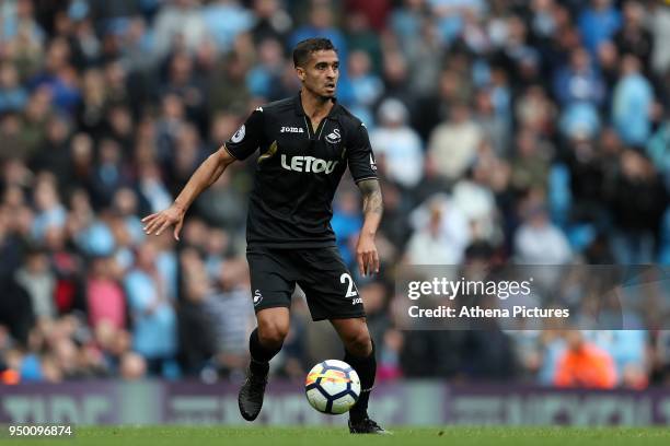 Kyle Naughton of Swansea City during the Premier League match between Manchester City and Swansea City at the Etihad Stadium on April 22, 2018 in...