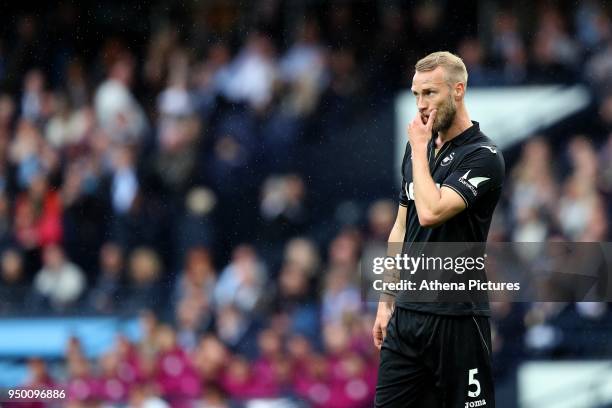 Mike van der Hoorn of Swansea City during the Premier League match between Manchester City and Swansea City at the Etihad Stadium on April 22, 2018...