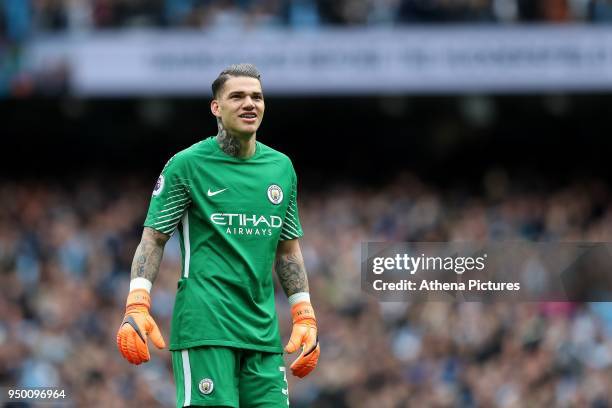 Ederson Moraes of Manchester City during the Premier League match between Manchester City and Swansea City at the Etihad Stadium on April 22, 2018 in...