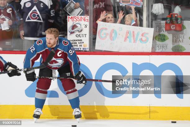 Gabriel Landeskog of the Colorado Avalanche skates during warm ups prior to Game Six of the Western Conference First Round during the 2018 NHL...