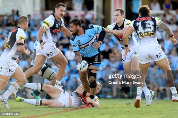Andrew Fifita of the Sharks looks to pass the ball during the round seven NRL match between the Cronulla Sharks and the Penrith Panthers at Southern...