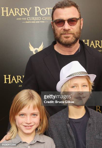 Liev Schreiber, sons Samuel Schreiber and Alexander Schreiber pose at "Harry Potter and The Cursed Child parts 1 & 2" on Broadway Opening Night at...