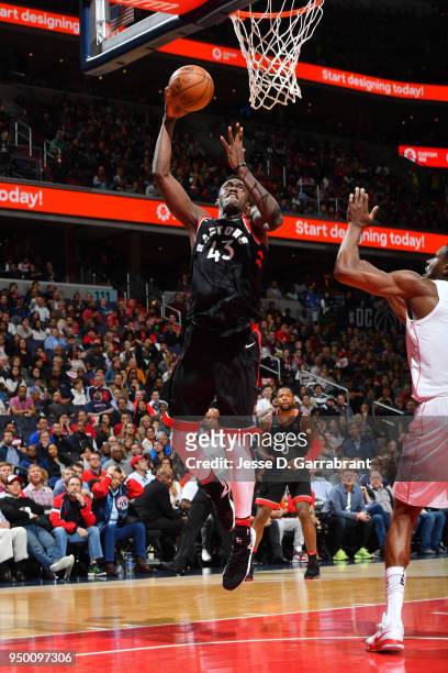 Pascal Siakam of the Toronto Raptors shoots the ball against the Washington Wizards in Game Four of Round One of the 2018 NBA Playoffs on April 22,...