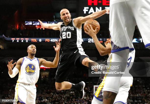 Manu Ginobili of the San Antonio Spurs is stripped of the ball by Golden State Warriors in the first half of Game Four of Round One of the 2018 NBA...