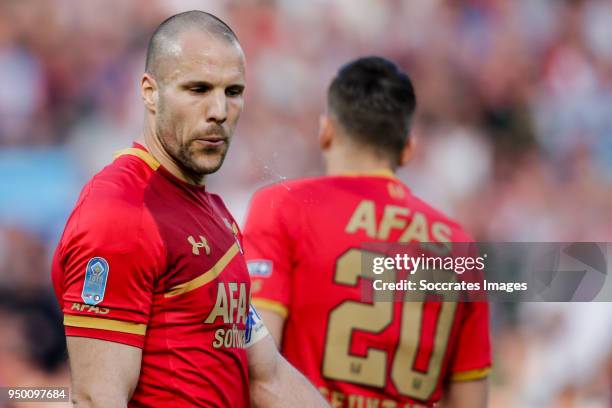 Ron Vlaar of AZ Alkmaar, disappointed during the Dutch KNVB Beker match between AZ Alkmaar v Feyenoord at the Stadium Feijenoord on April 22, 2018 in...