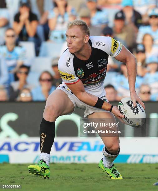 Peter Wallace of the Panthers looks to pass the ball during the round seven NRL match between the Cronulla Sharks and the Penrith Panthers at...