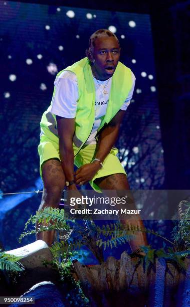Tyler, the Creator performs onstage during the 2018 Coachella Valley Music and Arts Festival at the Empire Polo Field on April 21, 2018 in Indio,...