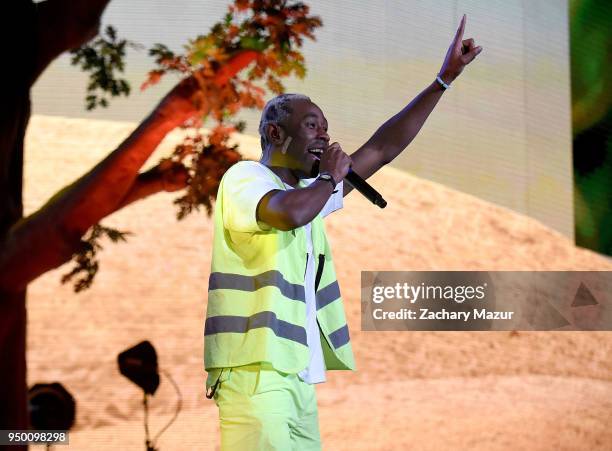 Tyler, the Creator performs onstage during the 2018 Coachella Valley Music and Arts Festival at the Empire Polo Field on April 21, 2018 in Indio,...