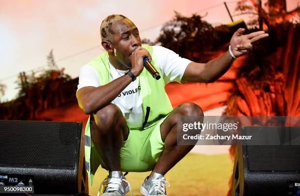 Tyler, the Creator performs onstage during the 2018 Coachella Valley Music and Arts Festival at the Empire Polo Field on April 21, 2018 in Indio,...