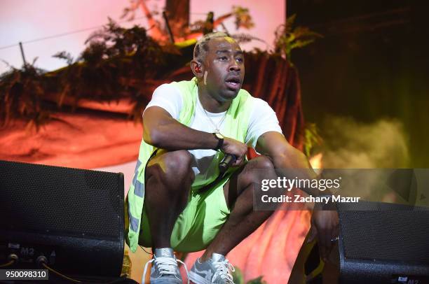 Tyler, the Creator performs onstage during the 2018 Coachella Valley Music and Arts Festival at the Empire Polo Field on April 21, 2018 in Indio,...